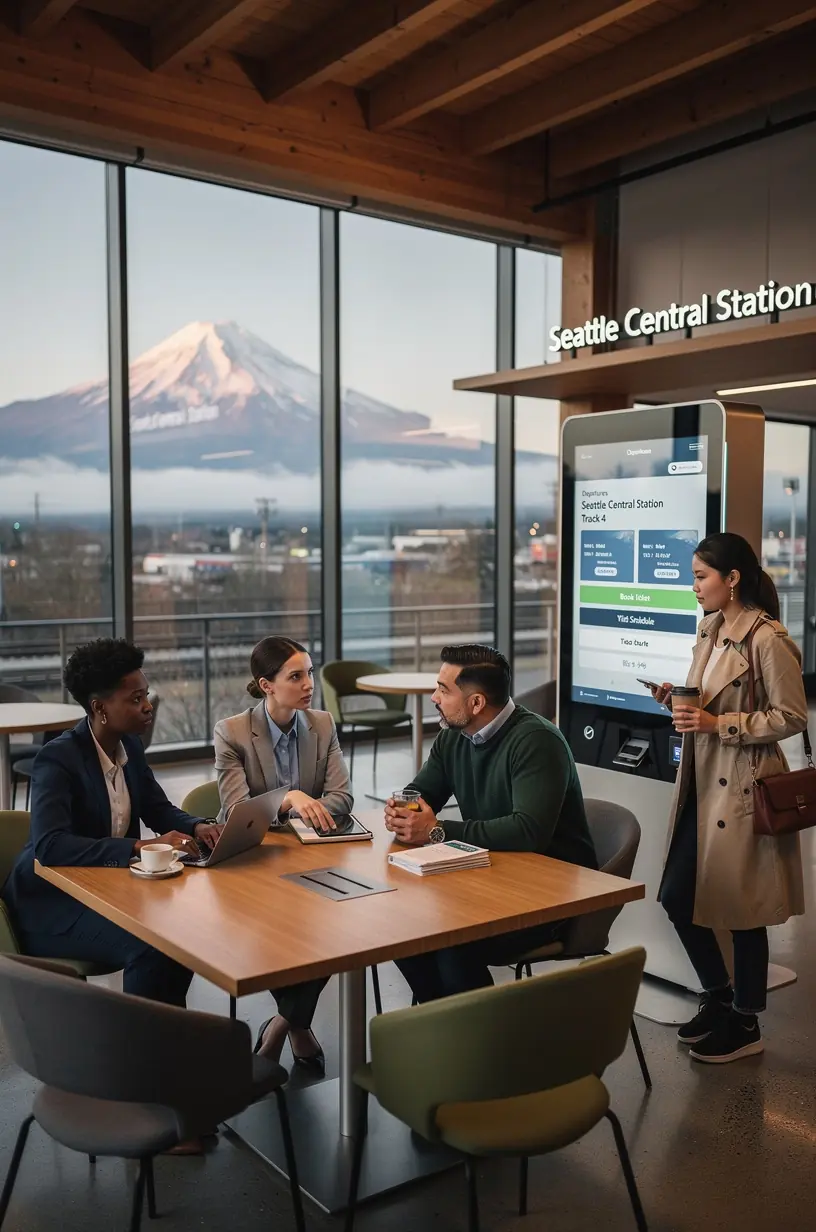 Информационный стенд с картами и описаниями достопримечательностей различных американских городов в зоне отдыха станции.