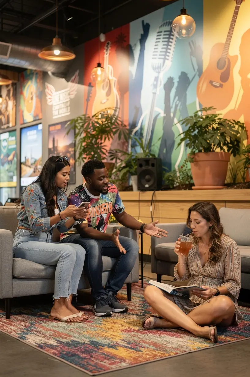 Группа путешественников изучает цифровую панель с возможностью предварительного просмотра городов и бронирования поездок.