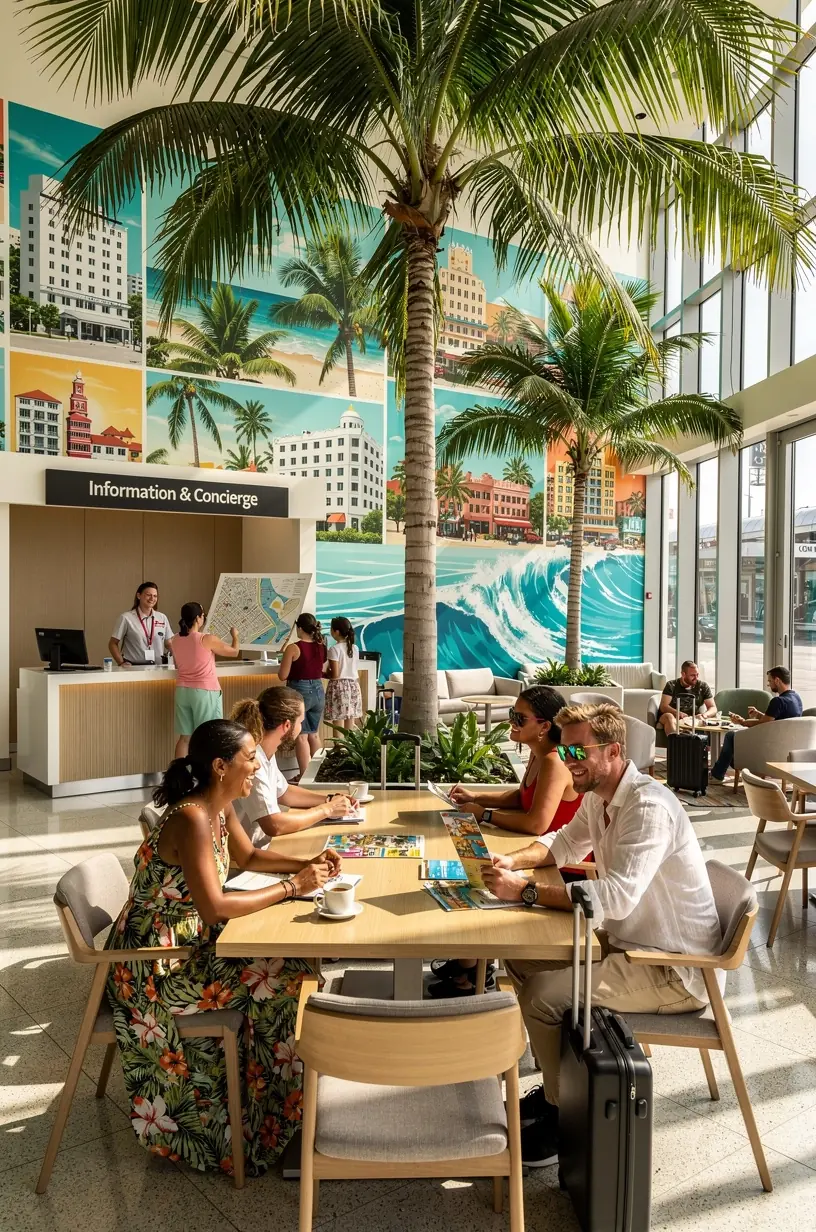 Современный зал ожидания на железнодорожной станции с удобными креслами и информационными экранами города.