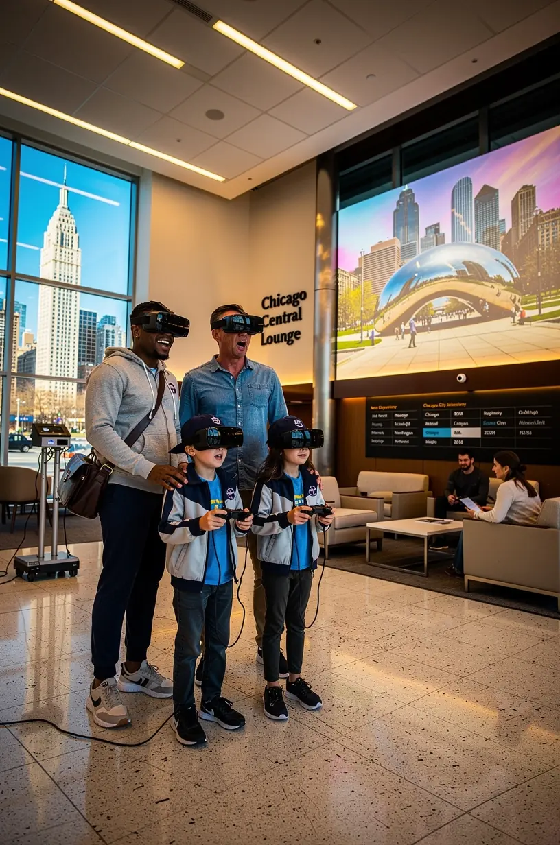 Панорамный вид на городской пейзаж через широкие окна уютного лаунж-зала на железнодорожной станции.