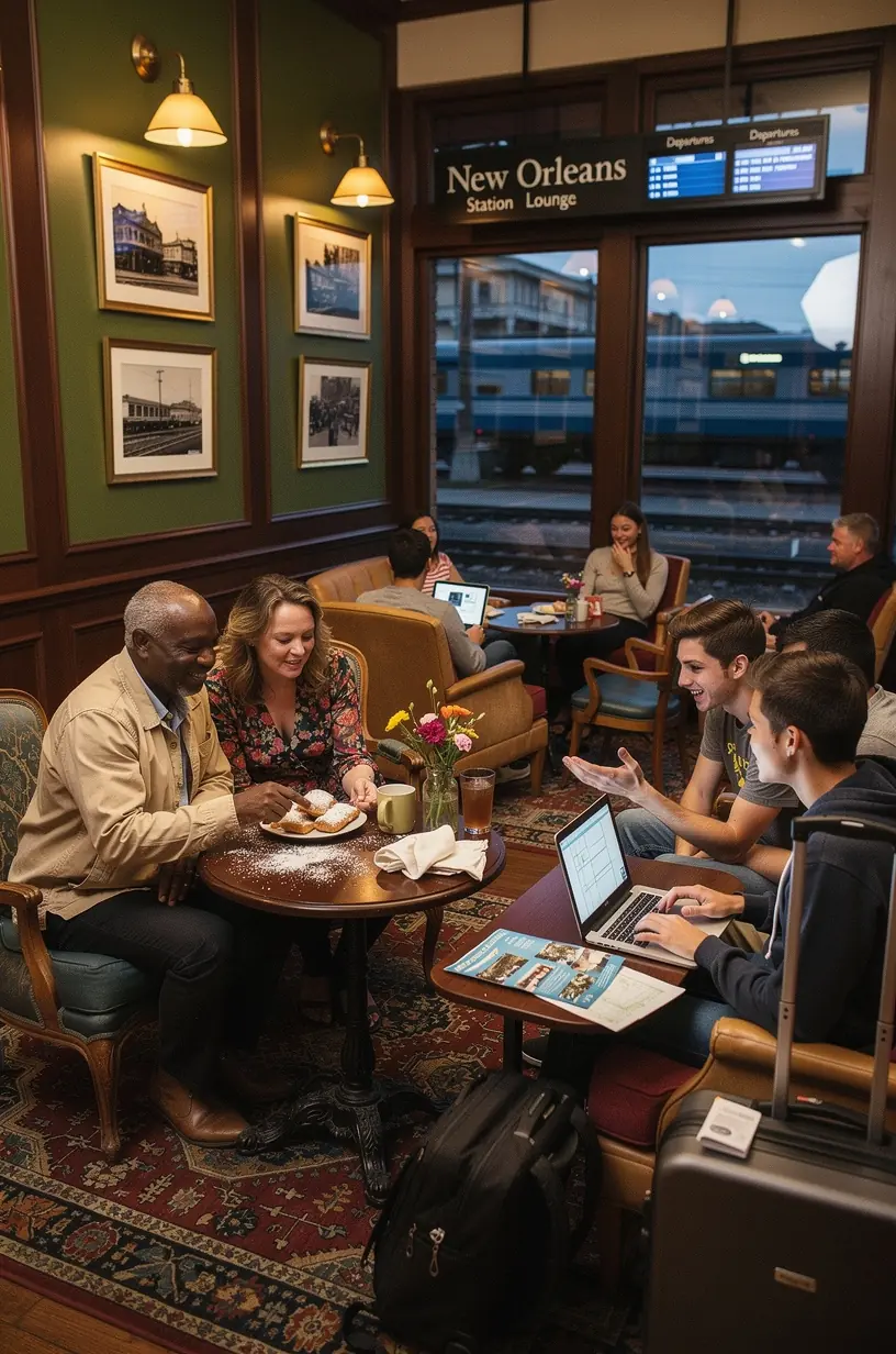 Дружелюбный сотрудник станции помогает туристам с выбором маршрута и показывает превью популярных городов на планшете.
